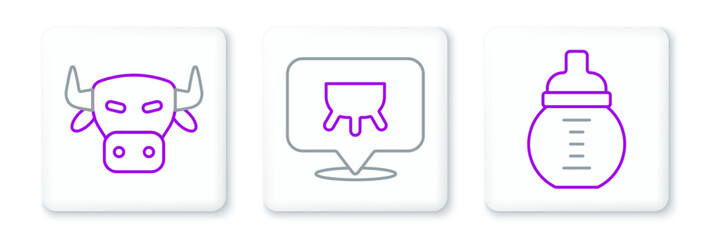 Fototapeta premium Set line Baby milk in a bottle, Cow head and Udder icon. Vector
