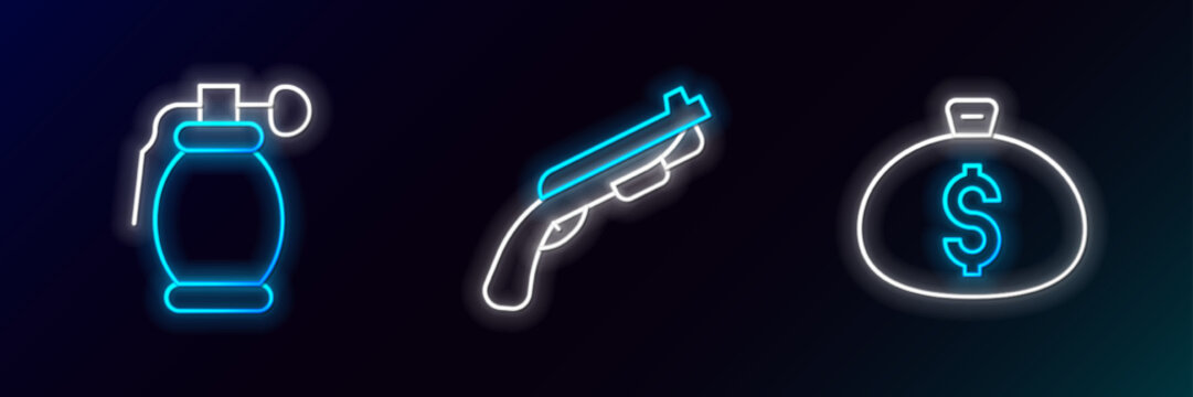 Set Line Money Bag, Hand Grenade And Police Shotgun Icon. Glowing Neon. Vector