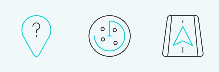 Set line City map navigation, Unknown route point and Radar with targets monitor icon. Vector