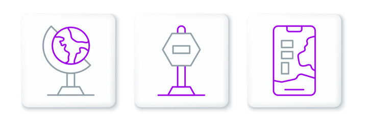 Set line City map navigation, Earth globe and Stop sign icon. Vector
