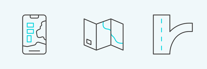 Set line Road traffic sign, City map navigation and Folded icon. Vector