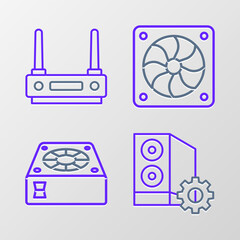 Set line Case of computer, Computer cooler, and Router and wi-fi signal icon. Vector