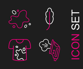 Set line Electric iron, Dirty t-shirt, Feather and Water spill icon. Vector