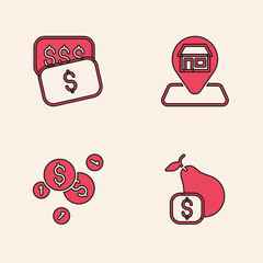 Set Price tag for pear, New price dollar, Location Market store and Coin money with icon. Vector