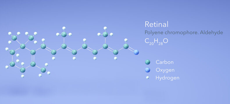 retinal, molecular structures, Polyene chromophore, 3d model, Structural Chemical Formula and Atoms with Color Coding