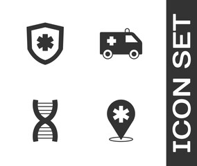 Set Location hospital, Life insurance, DNA symbol and Ambulance car icon. Vector