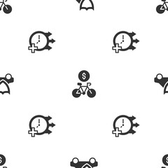 Set Car with shield, Bicycle rental mobile app and Clock on seamless pattern. Vector