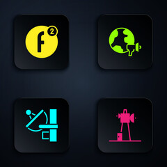 Set Antenna, Create account, Radar and World news. Black square button. Vector