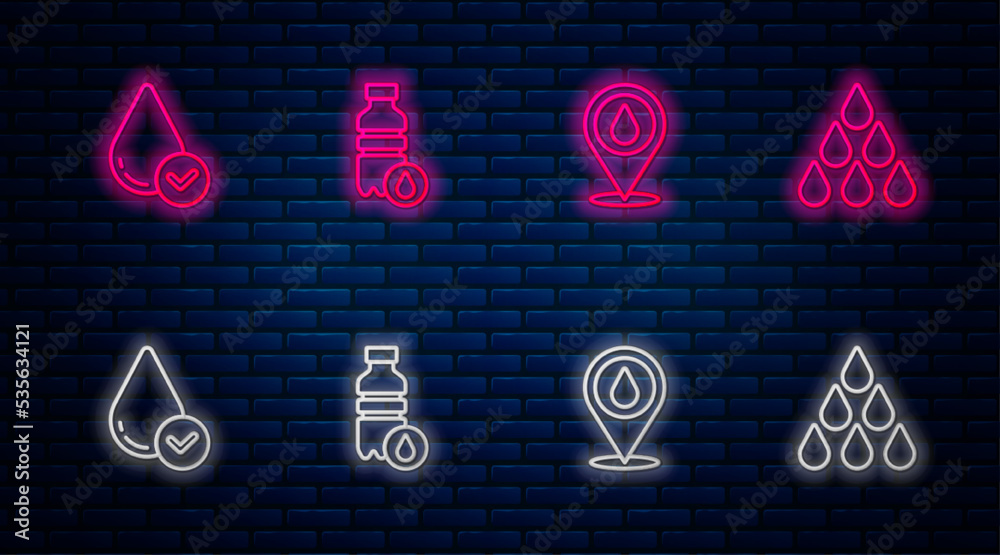 Sticker set line bottle of water, water drop with location, and . glowing neon icon on brick wall. vector