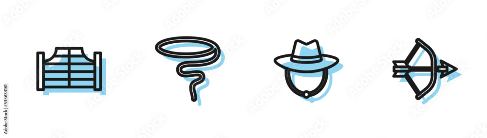 Sticker Set line Western cowboy hat, Saloon door, Lasso and Bow and arrow in quiver icon. Vector