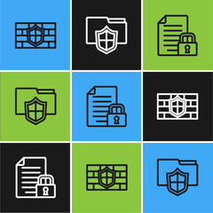 Set line Shield with brick wall, Document and lock and folder protection icon. Vector