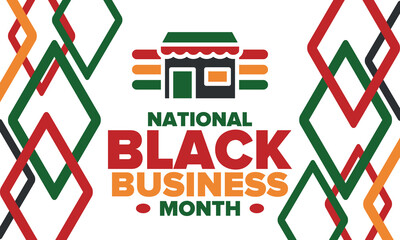 Black Business Month in August. Celebrated annual in United States. Support African American community. Black-owned businesses campaign. Poster, greeting card, banner, background. Vector illustration