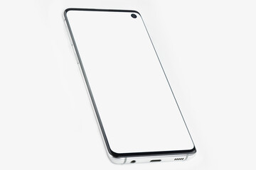 Smartphone with a white display on a white isolated background. Copyspace