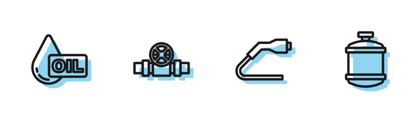 Set line Electrical cable plug charging, Oil drop, Metallic pipes and valve and Propane gas tank icon. Vector