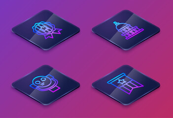 Set Isometric line Medal with star, Tourist binoculars, White House and American flag. Blue square button. Vector