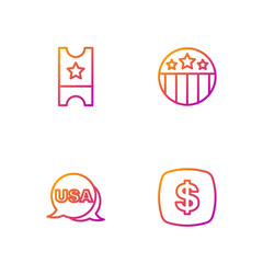 Set line Dollar symbol, USA Independence day, Baseball ticket and Medal with star. Gradient color icons. Vector