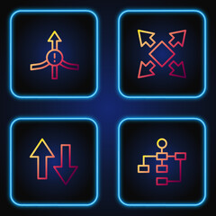 Set line Hierarchy organogram chart, Arrow, and Many ways directional arrow. Gradient color icons. Vector