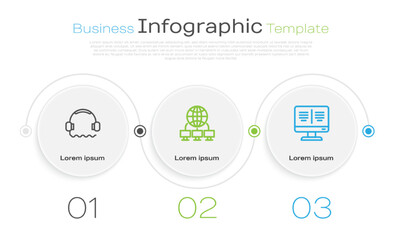 Set line Headphones, Computer network and Online book monitor. Business infographic template. Vector