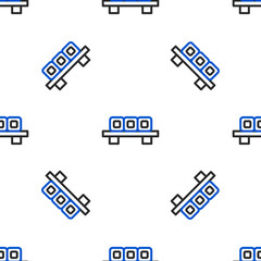 Line Sushi on cutting board icon isolated seamless pattern on white background. Asian food sushi on wooden board. Colorful outline concept. Vector