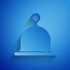 Paper cut Sauna hat icon isolated on blue background. Paper art style. Vector
