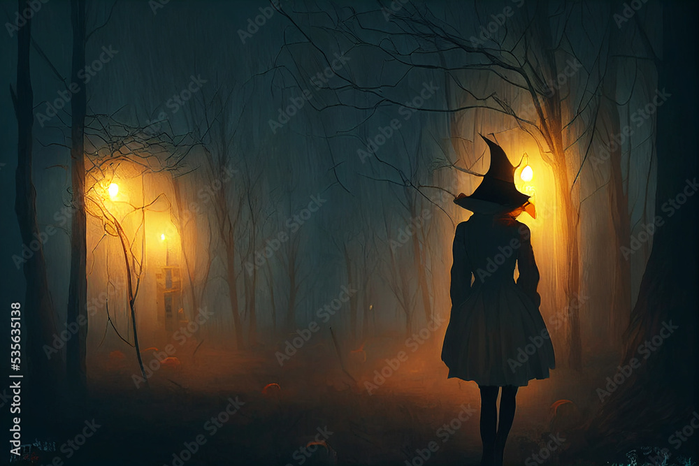 Wall mural witch in the forest on Halloween night