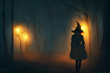 witch in the forest on Halloween night