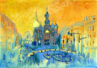 Watercolor Church of the Savior on Blood in St.Petersburg.
