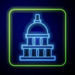 Glowing neon White House icon isolated on blue background. Washington DC. Vector