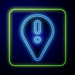 Glowing neon Map pointer with exclamation mark icon isolated on blue background. Hazard warning sign, careful, attention, danger warning important sign. Vector