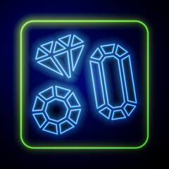 Glowing neon Gem stone icon isolated on blue background. Jewelry symbol. Diamond. Vector