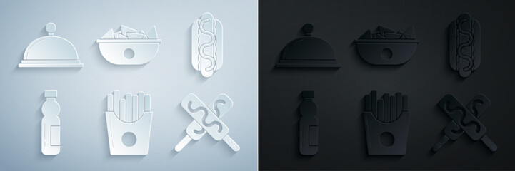 Set Potatoes french fries in carton package box, Hotdog sandwich with mustard, Bottle of water, Ice cream, Nachos plate and Covered tray food icon. Vector