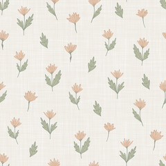 Doodle brown flowers and leaves. Hand drawn plants like chrysanthemum. Seamless pattern. Texture of linen fibers. Vector background for cards, wrapping or wallpaper.