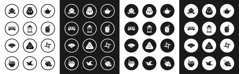 Set Japanese tea ceremony, Gate, Sushi cutting board, Dumpling, Asian noodles paper box and chopsticks, Maneki neko cat, ninja shuriken and Paper chinese or japanese folding fan icon. Vector