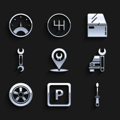 Set Car service, Parking, Screwdriver, wheel, Wrench, door and Speedometer icon. Vector