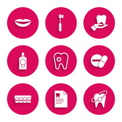 Set Tooth with caries, Clipboard dental card, whitening concept, Medicine pill or tablet, Teeth braces, Mouthwash plastic bottle, and Smiling lips icon. Vector