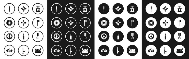 Set Handle detonator for dynamite, Japanese ninja shuriken, Round wooden shield, Baseball bat, Medieval axe, Military reward medal and Peace icon. Vector