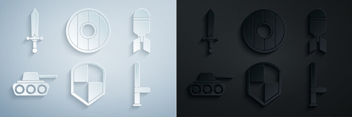 Set Shield, Aviation bomb, Military tank, Police rubber baton, Round wooden shield and Medieval sword icon. Vector