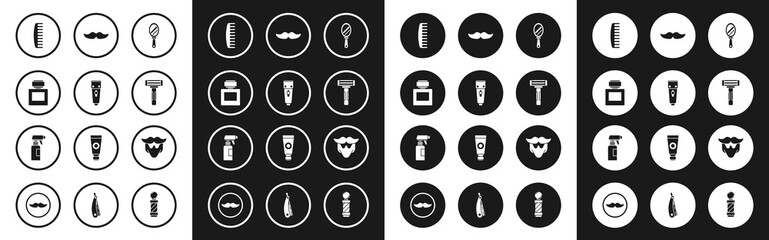 Set Hand mirror, Electrical hair clipper shaver, Aftershave, Hairbrush, Shaving razor, Mustache, beard and Hairdresser pistol spray bottle icon. Vector