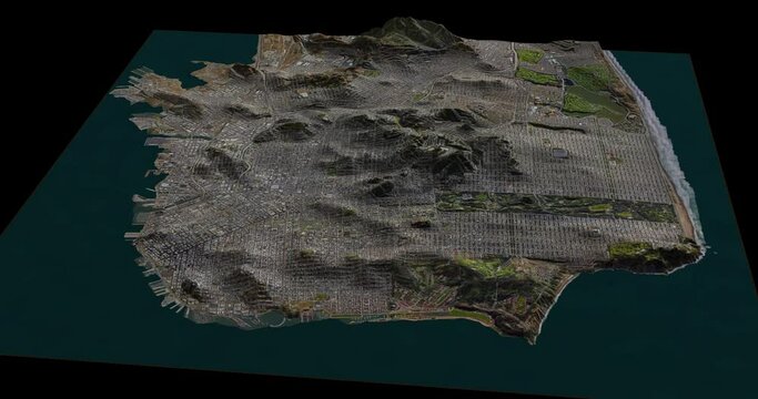 San Francisco north to south map with 3d relief 4K satellite ground height