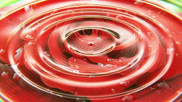 DOF camera realistic looping 3D animation of the circles on a water surface with beautiful blooming red rose flower reflections rendered in UHD as motion background