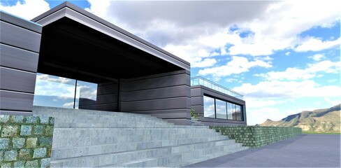 Concrete porch stairs of an advanced stylish house in the near future. The exterior is finished with metal panels with heat-efficient filling. 3d rendering.