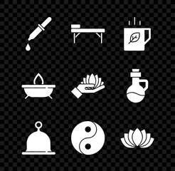 Set Pipette, Massage table, Cup of tea and leaf, Sauna hat, Yin Yang, Lotus flower, Aroma candle and icon. Vector