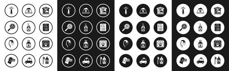 Set Pet grooming, shampoo, Flea search, Hair brush for dog and cat, Grooming salon price list, food bowl, Calendar and shower icon. Vector