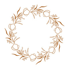 Floral decorative wreath. Round frame for greeting card, wedding invitation, save the date, cosmetic. Vector illustration isolated on white background 