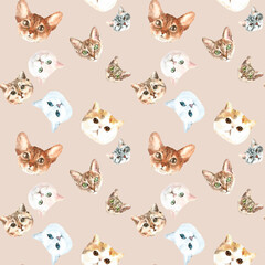 Watercolor cat pattern, cute fabric design for kids, cat breeds, british ,pale background seanpless pattern, scrapbooking,wallpaper,wrapping, gift,paper, for clothes, children textile,digital paper, 