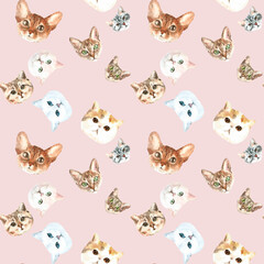 Watercolor cat pattern, cute fabric design for kids, cat breeds, british ,pale background seanpless pattern, scrapbooking,wallpaper,wrapping, gift,paper, for clothes, children textile,digital paper, 