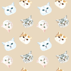 Watercolor cat pattern, cute fabric design for kids, cat breeds, british ,pale background seanpless pattern, scrapbooking,wallpaper,wrapping, gift,paper, for clothes, children textile,digital paper, 