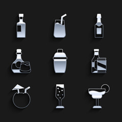 Set Cocktail shaker, Glass of champagne, Beer bottle and beer can, Coconut cocktail, Whiskey glass, Champagne and Wine icon. Vector