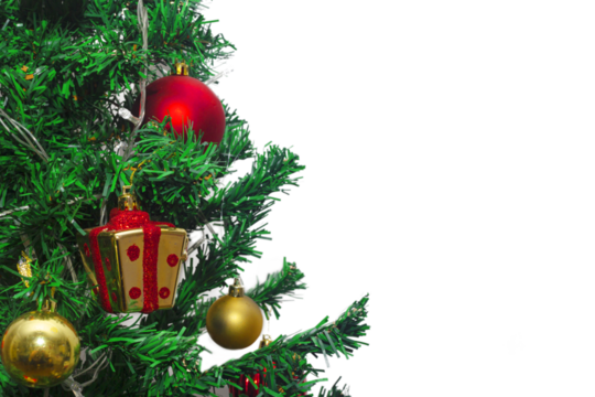 Close up of decorations on a Christmas tree. Selective focus and transparent background.	