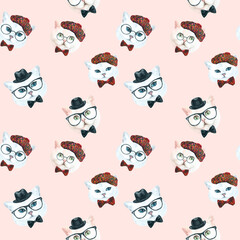Obraz premium Watercolor cat pattern, cute fabric design for kids, beige background seanpless pattern, scrapbooking,wallpaper,wrapping, gift,paper, for clothes, children textile,digital paper, repeating background